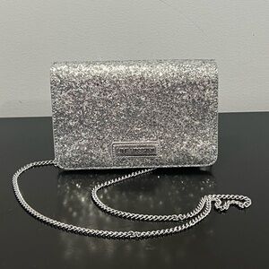 LOVE MOSCHINO sequin silver metallic embroidered bag on chain